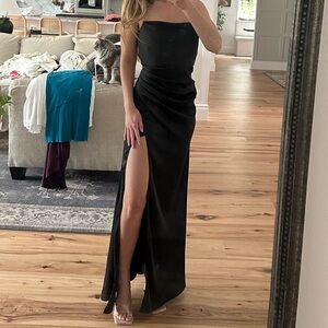 Azazie Black Strapless Maxi Dress with Thigh Slit